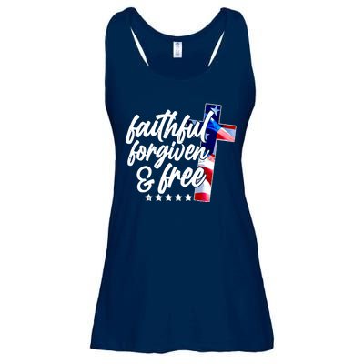 Faithful Forgiven and Free USA American Flag Cross Ladies Essential Flowy Tank