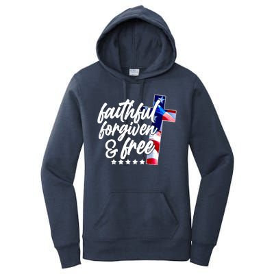 Faithful Forgiven and Free USA American Flag Cross Women's Pullover Hoodie