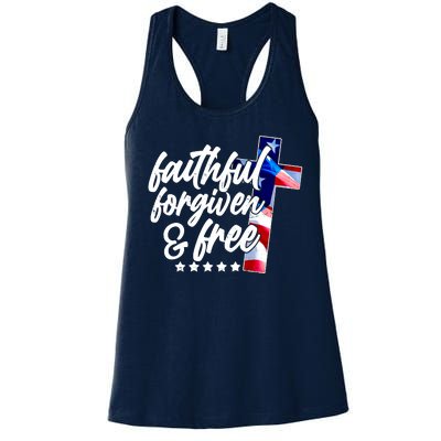 Faithful Forgiven and Free USA American Flag Cross Women's Racerback Tank