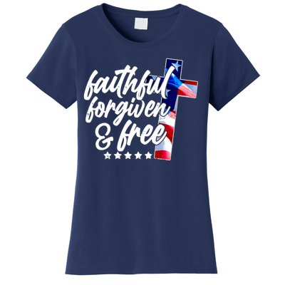 Faithful Forgiven and Free USA American Flag Cross Women's T-Shirt