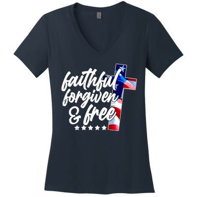 Faithful Forgiven and Free USA American Flag Cross Women's V-Neck T-Shirt