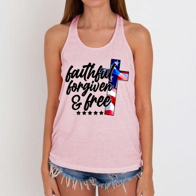 Faithful Forgiven and Free USA American Flag Cross Women's Knotted Racerback Tank