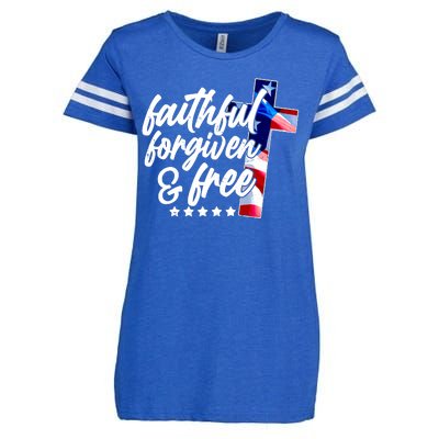 Faithful Forgiven and Free USA American Flag Cross Enza Ladies Jersey Football T-Shirt