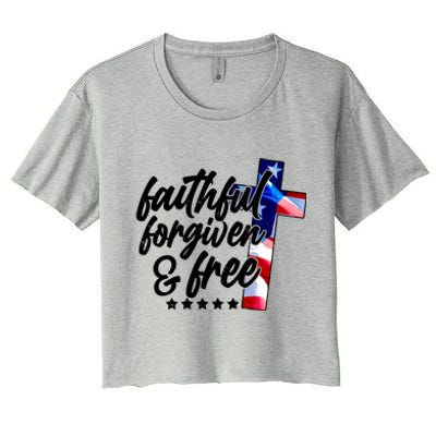 Faithful Forgiven and Free USA American Flag Cross Women's Crop Top Tee