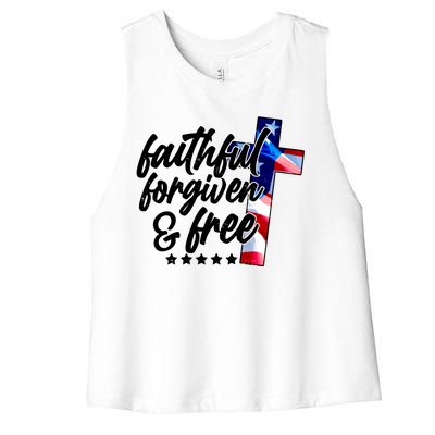 Faithful Forgiven and Free USA American Flag Cross Women's Racerback Cropped Tank