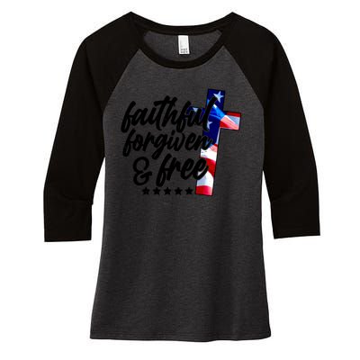 Faithful Forgiven and Free USA American Flag Cross Women's Tri-Blend 3/4-Sleeve Raglan Shirt