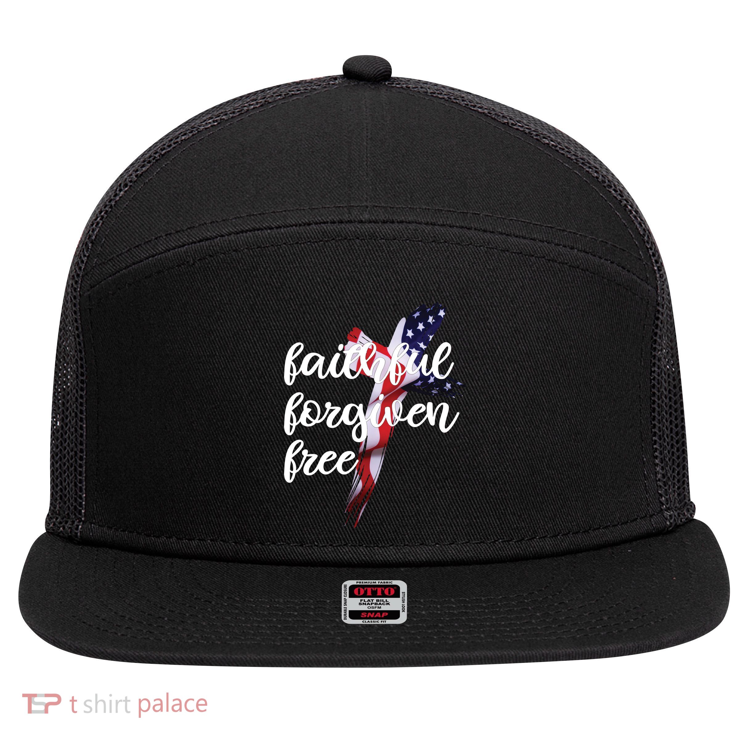 Faithful Forgiving Free American Cross  7 Panel Mesh Trucker Snapback Hat