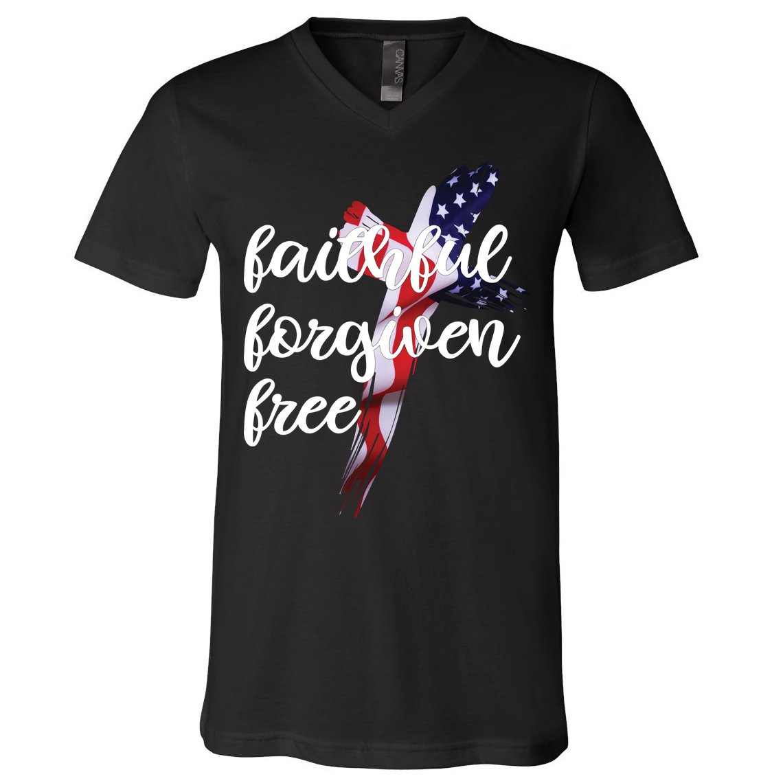 Faithful Forgiving Free American Cross  V-Neck T-Shirt
