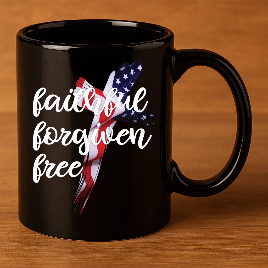 Faithful Forgiving Free American Cross  11oz C Handle Ceramic Mug