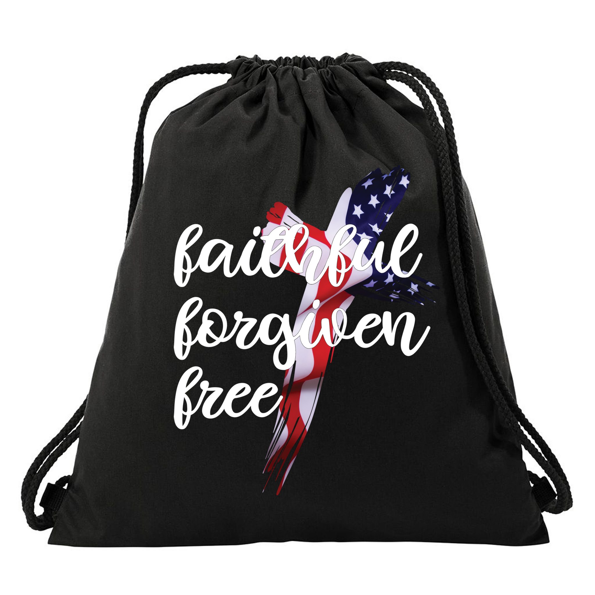 Faithful Forgiving Free American Cross  Drawstring Bag