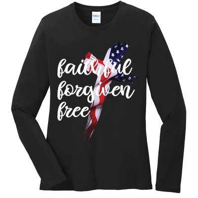 Faithful Forgiving Free American Cross  Ladies Long Sleeve Shirt
