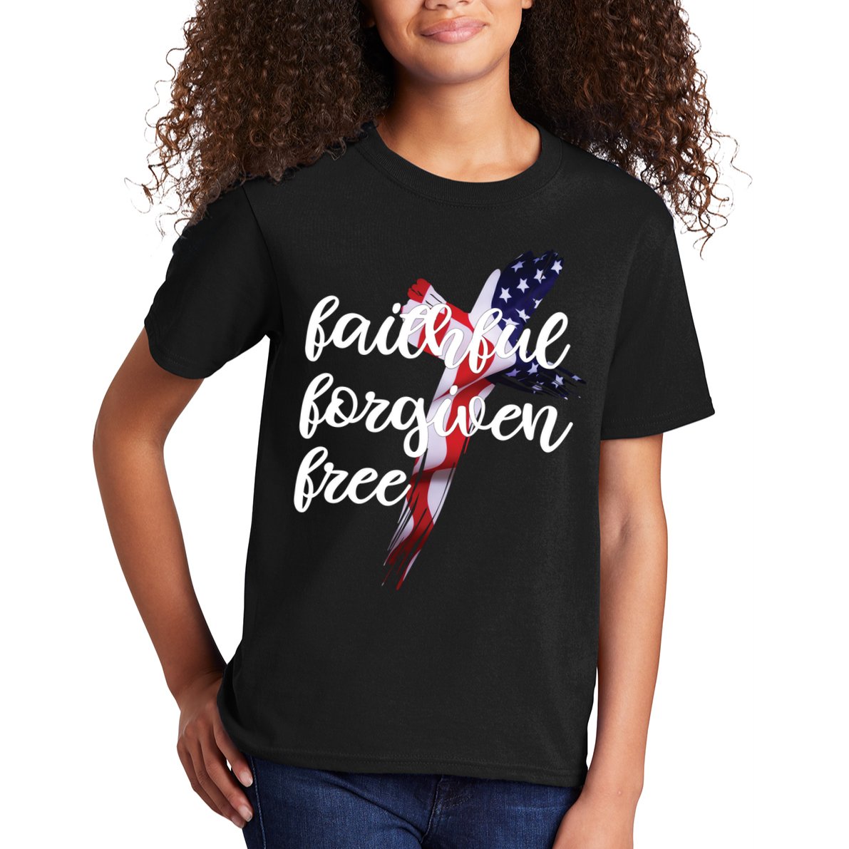 Faithful Forgiving Free American Cross  Kids T-Shirt