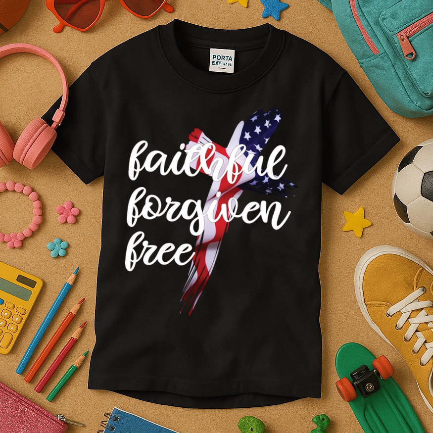 Faithful Forgiving Free American Cross  Kids T-Shirt