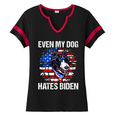 Funny Anti Joe Biden Even My Dog Hates Biden USA Flag Pibble Ladies Halftime Notch Neck Tee