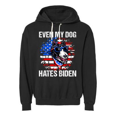 Funny Anti Joe Biden Even My Dog Hates Biden USA Flag Pibble Garment-Dyed Fleece Hoodie