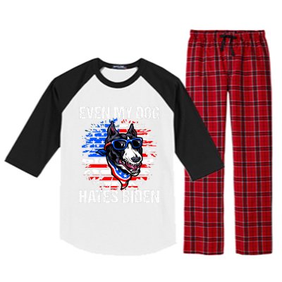 Funny Anti Joe Biden Even My Dog Hates Biden USA Flag Pibble Raglan Sleeve Pajama Set