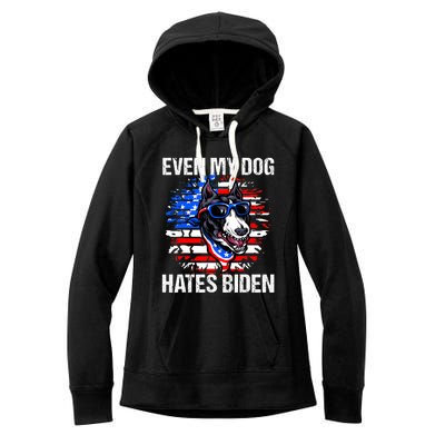 Funny Anti Joe Biden Even My Dog Hates Biden USA Flag Pibble Women's Fleece Hoodie