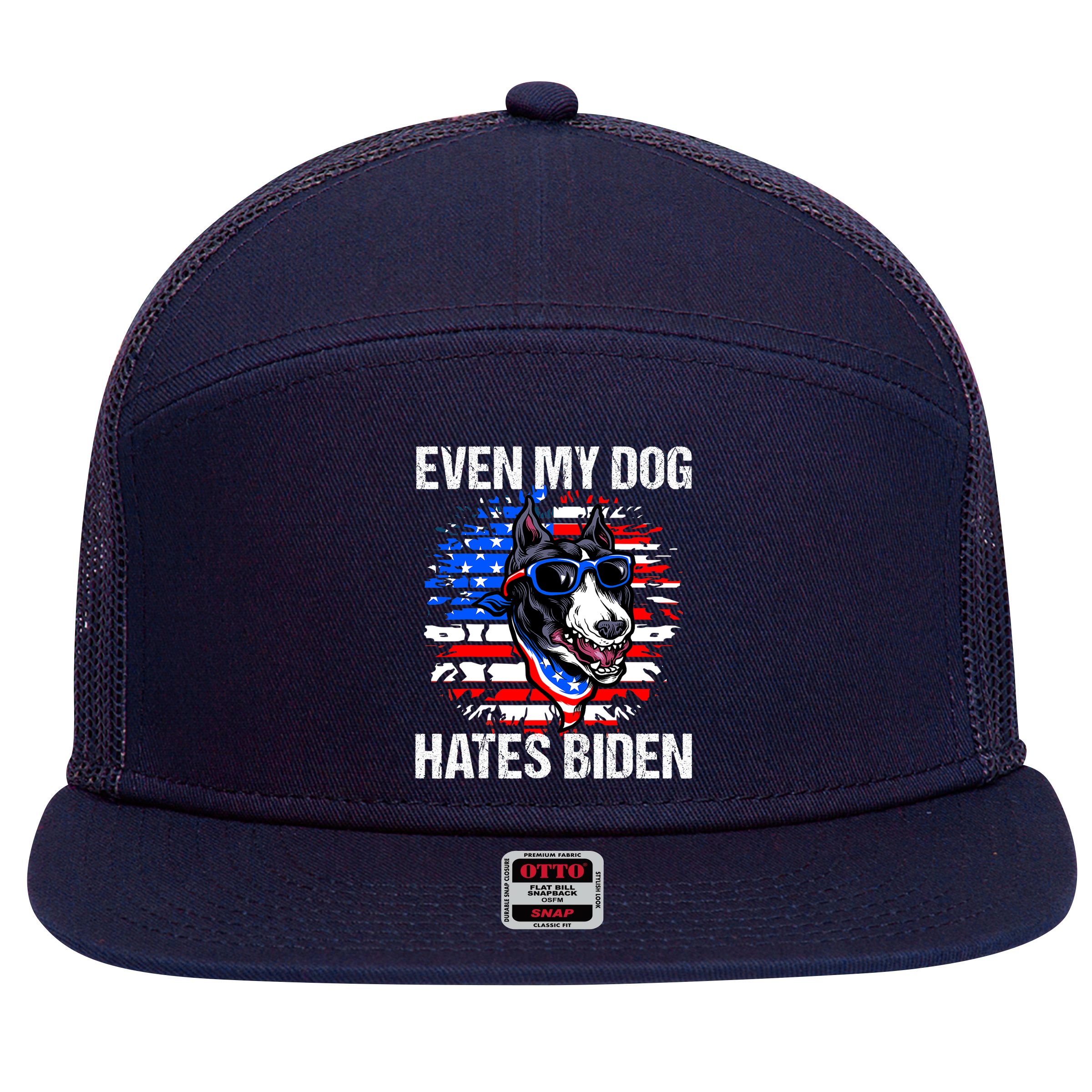Funny Anti Joe Biden Even My Dog Hates Biden USA Flag Pibble 7 Panel Mesh Trucker Snapback Hat