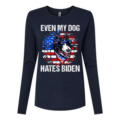 Funny Anti Joe Biden Even My Dog Hates Biden USA Flag Pibble Womens Cotton Relaxed Long Sleeve T-Shirt