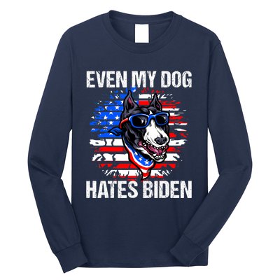 Funny Anti Joe Biden Even My Dog Hates Biden USA Flag Pibble Long Sleeve Shirt