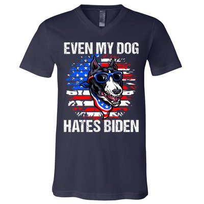 Funny Anti Joe Biden Even My Dog Hates Biden USA Flag Pibble V-Neck T-Shirt