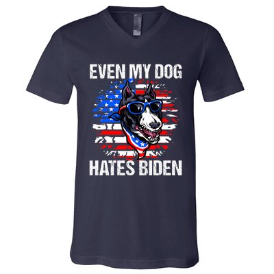 Funny Anti Joe Biden Even My Dog Hates Biden USA Flag Pibble V-Neck T-Shirt