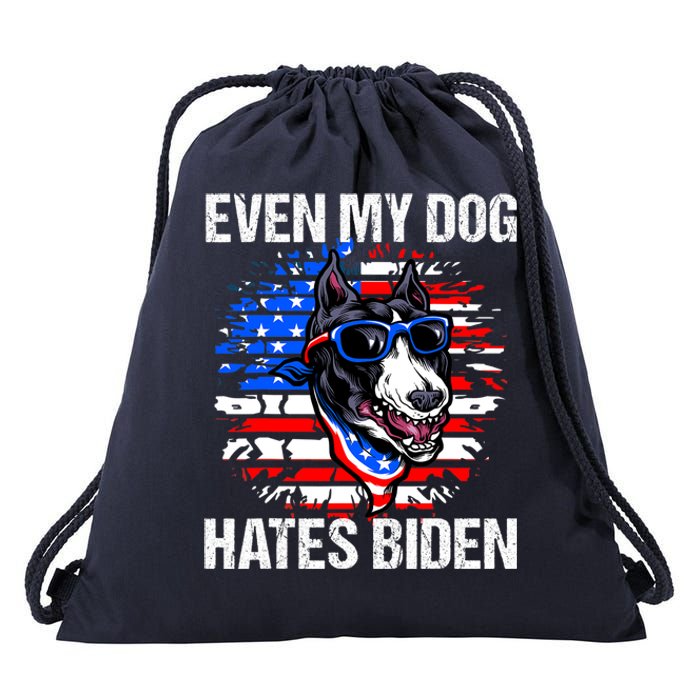 Funny Anti Joe Biden Even My Dog Hates Biden USA Flag Pibble Drawstring Bag