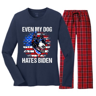 Funny Anti Joe Biden Even My Dog Hates Biden USA Flag Pibble Women's Long Sleeve Flannel Pajama Set 