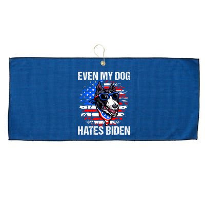 Funny Anti Joe Biden Even My Dog Hates Biden USA Flag Pibble Large Microfiber Waffle Golf Towel