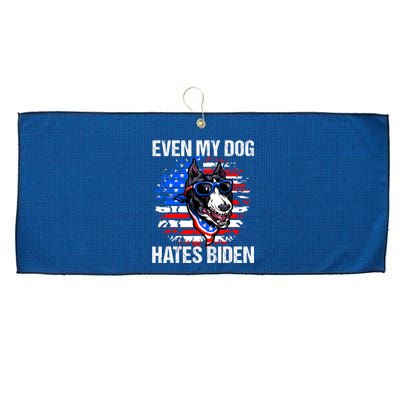 Funny Anti Joe Biden Even My Dog Hates Biden USA Flag Pibble Large Microfiber Waffle Golf Towel