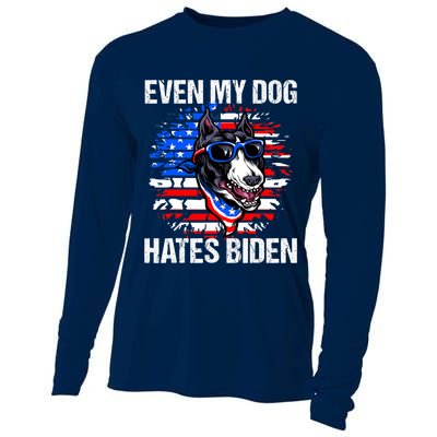 Funny Anti Joe Biden Even My Dog Hates Biden USA Flag Pibble Cooling Performance Long Sleeve Crew
