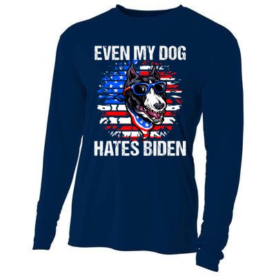 Funny Anti Joe Biden Even My Dog Hates Biden USA Flag Pibble Cooling Performance Long Sleeve Crew