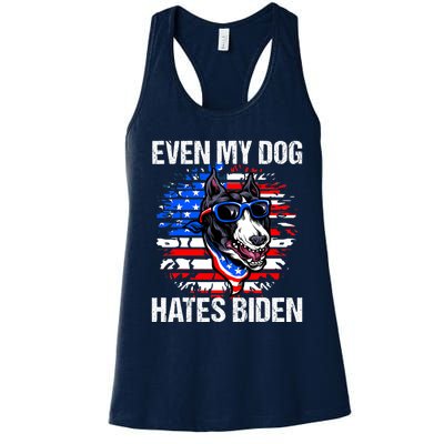 Funny Anti Joe Biden Even My Dog Hates Biden USA Flag Pibble Women's Racerback Tank