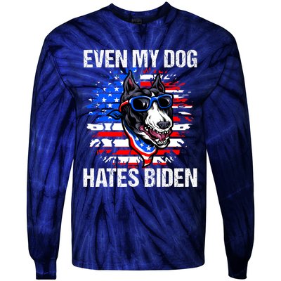 Funny Anti Joe Biden Even My Dog Hates Biden USA Flag Pibble Tie-Dye Long Sleeve Shirt