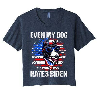 Funny Anti Joe Biden Even My Dog Hates Biden USA Flag Pibble Women's Crop Top Tee