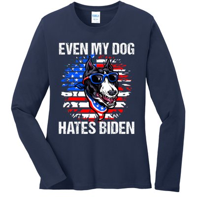 Funny Anti Joe Biden Even My Dog Hates Biden USA Flag Pibble Ladies Long Sleeve Shirt