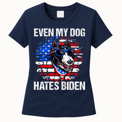 Funny Anti Joe Biden Even My Dog Hates Biden USA Flag Pibble Womens T-Shirt