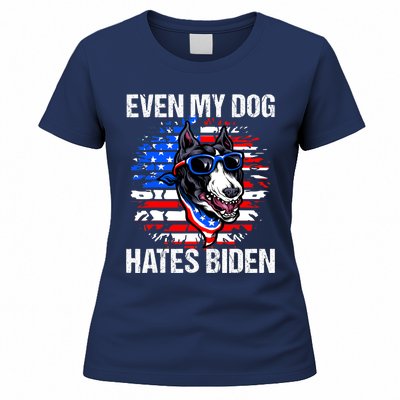 Funny Anti Joe Biden Even My Dog Hates Biden USA Flag Pibble Women's T-Shirt