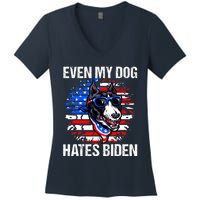 Funny Anti Joe Biden Even My Dog Hates Biden USA Flag Pibble Women's V-Neck T-Shirt