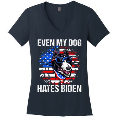 Funny Anti Joe Biden Even My Dog Hates Biden USA Flag Pibble Women's V-Neck T-Shirt