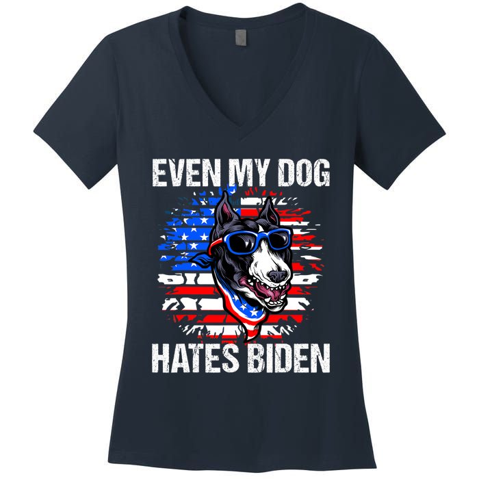 Funny Anti Joe Biden Even My Dog Hates Biden USA Flag Pibble Women's V-Neck T-Shirt