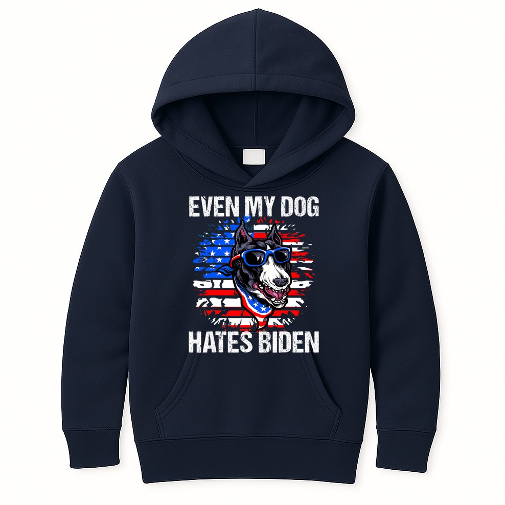 Funny Anti Joe Biden Even My Dog Hates Biden USA Flag Pibble Kids Hoodie