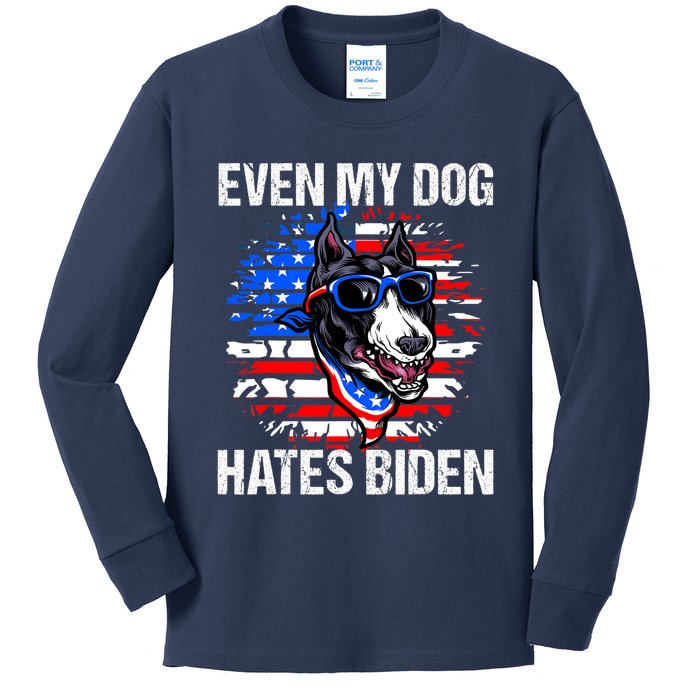 Funny Anti Joe Biden Even My Dog Hates Biden USA Flag Pibble Kids Long Sleeve Shirt