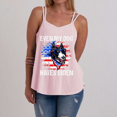 Funny Anti Joe Biden Even My Dog Hates Biden USA Flag Pibble Women's Strappy Tank