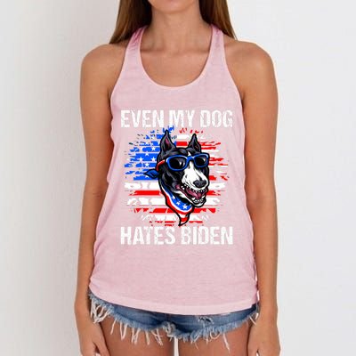 Funny Anti Joe Biden Even My Dog Hates Biden USA Flag Pibble Women's Knotted Racerback Tank