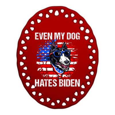 Funny Anti Joe Biden Even My Dog Hates Biden USA Flag Pibble Ceramic Oval Ornament