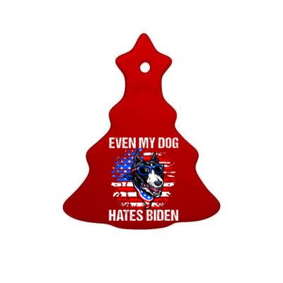 Funny Anti Joe Biden Even My Dog Hates Biden USA Flag Pibble Ceramic Tree Ornament