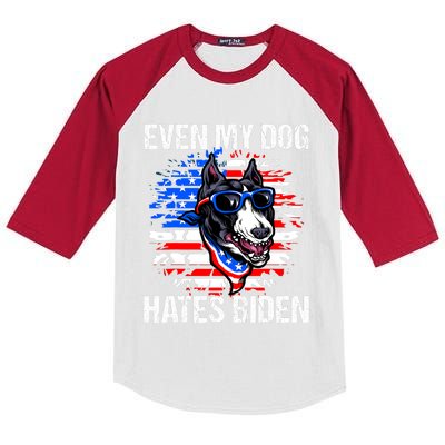 Funny Anti Joe Biden Even My Dog Hates Biden USA Flag Pibble Kids Colorblock Raglan Jersey