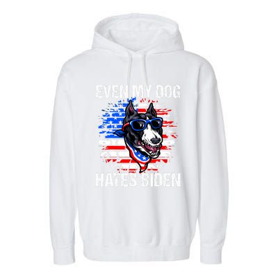 Funny Anti Joe Biden Even My Dog Hates Biden USA Flag Pibble Garment-Dyed Fleece Hoodie