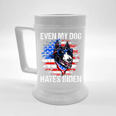 Funny Anti Joe Biden Even My Dog Hates Biden USA Flag Pibble Beer Stein